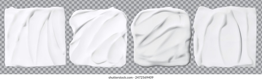 Creamy skincare lotion mousse product close-up. White foam cream texture, shampoo , sunscreen , Moisturizing beauty creme swatch. realistic cosmetic smear .  vector set .