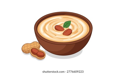 Creamy smooth peanut butter served in a rustic brown ceramic bowl topped with fresh mint leaves and whole peanuts on the side.