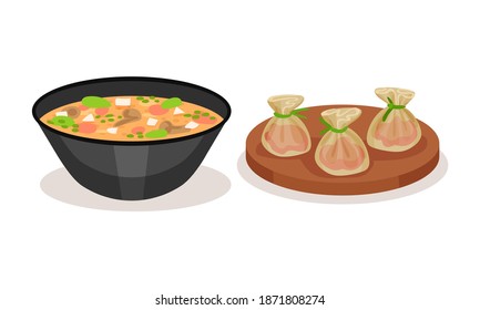 Creamy Soup in Bowl and Stuffed Dumplings on Wooden Board Vector Set