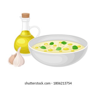 Creamy Soup with Corns and Herbs as Spanish Cuisine Dish Served in Bowl Vector Illustration