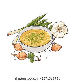 Creamy Soup with Fresh Herbs and Ingredients Illustration.