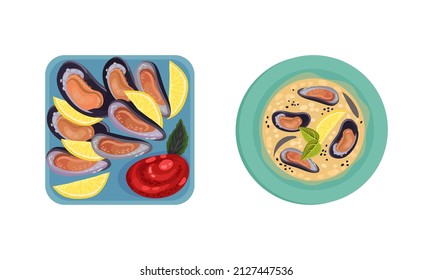 Creamy Soup with Oyster and Mussels with Lemon as Seafood Dish Above View Vector Set