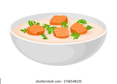 Creamy Soup with Salmon and Pepper Poured in Bowl Vector Illustration