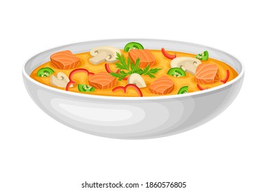 Creamy Soup with Salmon Slabs and Potherbs as Seafood Dish Vector Illustration