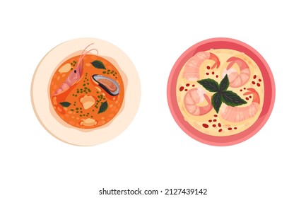 Creamy Soup with Shrimp and Oyster as Seafood Dish Above View Vector Set