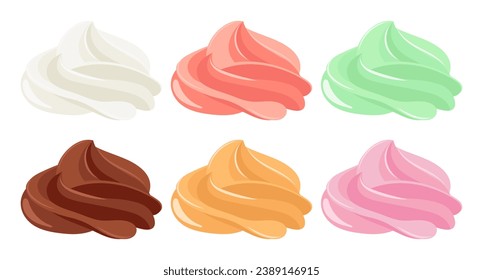 Juego de remolinos cremoso. Crema batida, mousse. Fresa, chocolate, vainilla y crema de caramelo. Ilustración de postre en caricatura de estilo plano. Iconos de comida. Vector