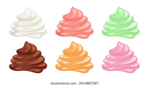 Creamy swirl set. Whipped cream, mousse. Strawberry, chocolate, vanilla and caramel cream. Dessert illustration in cartoon flat style. Food icon. Vector