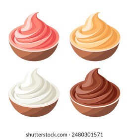 Creamy swirl set. Whipped cream, mousse. Strawberry, chocolate, vanilla and caramel cream. Dessert illustration in flat style. Food icons.