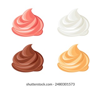 Creamy swirl set. Whipped cream, mousse. Strawberry, chocolate, vanilla and caramel cream. Dessert illustration in flat style. Food icons.