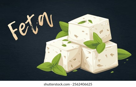 Creamy, tangy goodness of feta cheese vector icon. Feta appealing design, a gourmet touch Mediterranean-inspired meals cartoon illustration. For food blogs, recipe websites