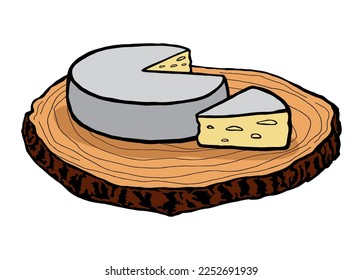 Creamy and tasty french camembert cheese on brown slice of wood. Vector illustration, hand drawing