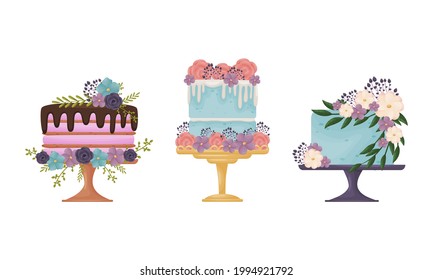 Creamy Tier Cake Decorated with Flowers and Twigs Standing on Pedestal Cake Plate Vector Set