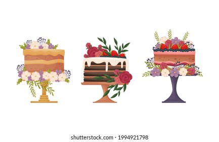 Creamy Tier Cake Decorated with Flowers and Berries Standing on Pedestal Cake Plate Vector Set