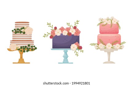 Creamy Tier Cake Decorated with Flowers and Twigs Standing on Pedestal Cake Plate Vector Set