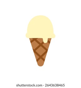 A creamy vanilla ice cream scoop on a waffle cone, shown in bright flat colors. Suitable for summer treats, dessert menus, or food-related apps.