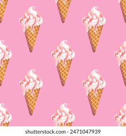 Creamy vanilla ice cream in a waffle cone with berry or fruit topping. Seamless pattern. Summer cold dessert. Delicious sweets, realistic food illustration. For menu, cafe, wallpaper, background