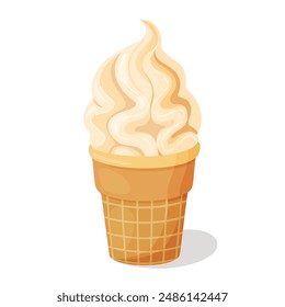 Creamy vanilla ice cream in waffle cup. Delicious dessert Cool refreshing dessert Hand drawn flat style isolated cheerful and summery appearance, whipped frozen vanilla cream. Vector illustration