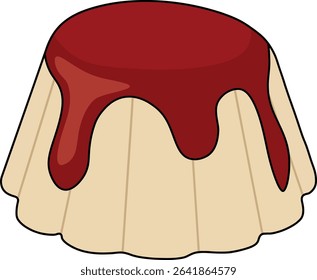 a creamy vanilla pudding vector topped with a vibrant, glossy strawberry sauce dripping down the sides. The dessert is presented in a classic mold, offering a delicious and visually appealing treat