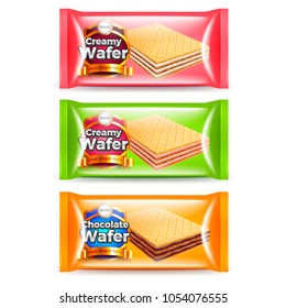 Creamy wafer packaging three flavors 3d realistic vector set