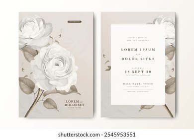 Creamy wedding invitation card with ranunculus flowers