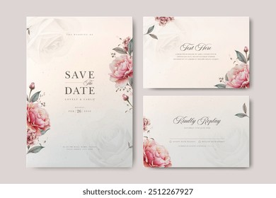 creamy wedding invitation card template with peonies flower watercolor