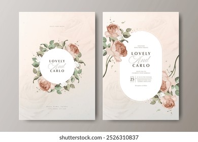 Creamy wedding invitation card template with floral frame watercolor