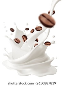 Creamy white milk splashes in a graceful swirl with aromatic roasted coffee beans suspended in mid air Conveys the perfect harmony of milk and coffee flavors freshness