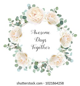 Creamy white roses and silver dollar eucalyptus branches vector design round frame. Cute rustic wedding greenery banner. Mint, blue tones. Watercolor style. All elements are isolated and editable