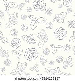 The creamy-colored background of this repeat seamless pattern design has navy blue line art roses and leaves scattered across the background.