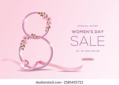 crearive ring and ribbon of 8 March background. Vector illustration.