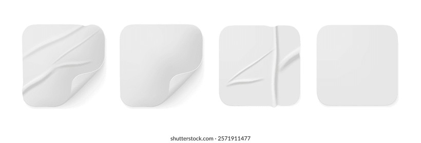 Creased blank paper stickers with glued crumpled texture effect. Vector isolated realistic square labels with bend corners, white empty sheets with wrinkles and curled pieces, memo or note