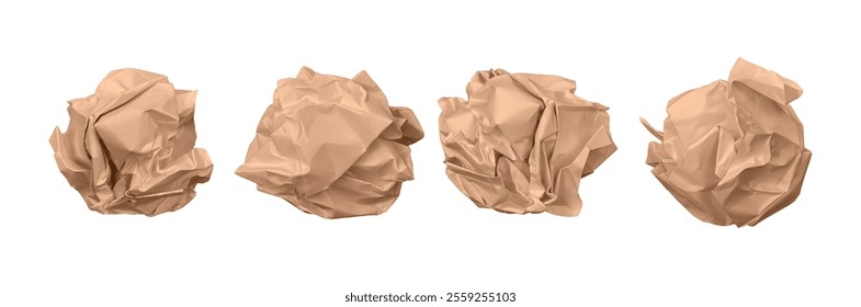Creased and crumpled paper ball, isolated set of realistic ecological material for recycling. Vector folded document, failure or mistake on note. Empty wrinkly crease paperwork or sheet