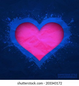 Creased old vector blue paper with cut pink heart background. Expressive style. Vintage vector background. Retro vector background. Old textured paper. Valentines day background. Blue background