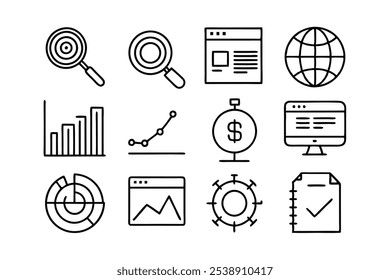 Erstellen Sie 16 Icons von SEO Web Icons Set. Suchmaschinenoptimierung - einfache Sammlung von Dünnlinien-Symbolen usw.