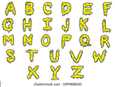 create 26 uppercase yellow sticky alphabet collection and over white background.