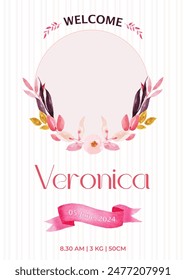 Create a 3D photo birth announcement of a baby girl on a white background with pink stripes, capturing the joy and beauty of her arrival in a charming and memorable way.