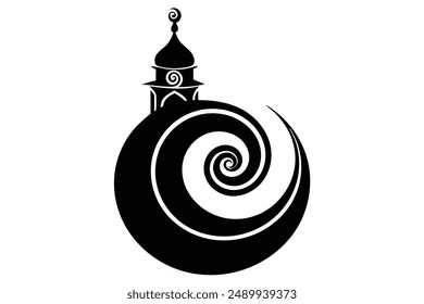 Create an abstract vector illustration of a Muslim spiral painting in black silhouette on white background maintaining a minimalist aesthetic and intricate artistry