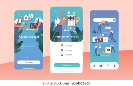 Create Account, Handyman Service Mobile App Page Onboard Screen Template. Electrician Character Measure Voltage, Fixing Home Appliances, Using Tools Concept. Cartoon People Vector Illustration
