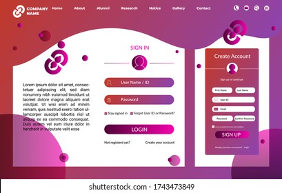 Create account. Login page design for mobile apps and website. Login screen, apps login, registration page, register form, sign up, sign in of website and apps. Login apps. Landing page. Log in page.