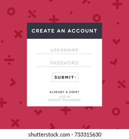 Create An Account, Math Website, User Interface Design, UI Web Log In, Log-in Window, Username, Password Window, Register Box, Vector Illustration Background
