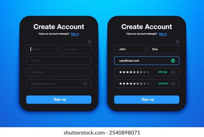 Crie a interface do usuário da conta. Inscreva-se e faça login no tema de forma escura com dados de perfil pessoal, página de aplicação móvel moderna com campos de entrada de registro do usuário. Ilustração vetorial