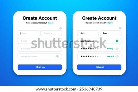 Create account UI. Sign up and log in form with personal user data, modern mobile application page with user profile input fields. Vector layout