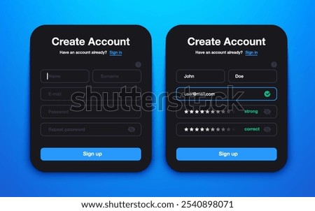 Create account UI. Sign up and log in dark form theme with personal profile data, modern mobile application page with user registration input fields. Vector illustration