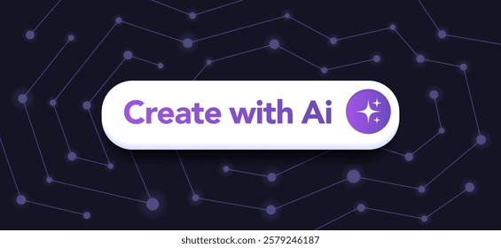 Create with AI button with sparkle icon. Minimalistic button with a rounded design on dark background which covered with glowing dots connected to each other. Design element for web or AI assistant