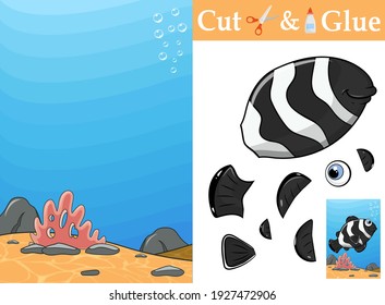 Create the applique cute Clown Fish for sample. Cut parts of the image and glue on the colorful background. Worksheet activity perfect for practice skill motor planning, sequencing, cutting, sticking