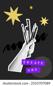 Create art poster, modern collage. Hand holding brushesm stars and sparkles, embossed typography. Creative workshop graphic.