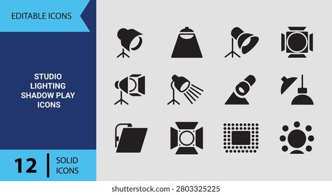 Create beautiful artistic lighting effects using studio lighting shadow play solid icons built for modern portrait design studios and media.
