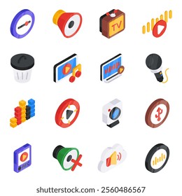 Create a beautiful set by using these media icons. This vector design is perfect for any media, marketing, music and entertainment industry. Furthermore, available with editable files.