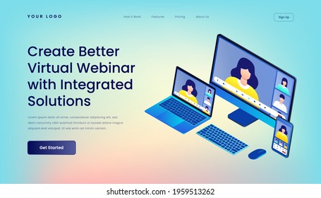 Create Better Virtual Webinar with Integrated Solutions Landing Page Template with Gradient Background and Isometric 3d Vector Illustration Mobile Desktop Web User Interface Responsive