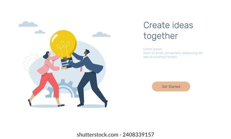 Crear grandes ideas juntas, creatividad empresarial, concepto de diseño de medios publicitarios, signo de banner. Aplicación móvil. Plantilla Web. Equipo de gente de negocios con una gran bombilla. Ilustración de diseño de vectores.